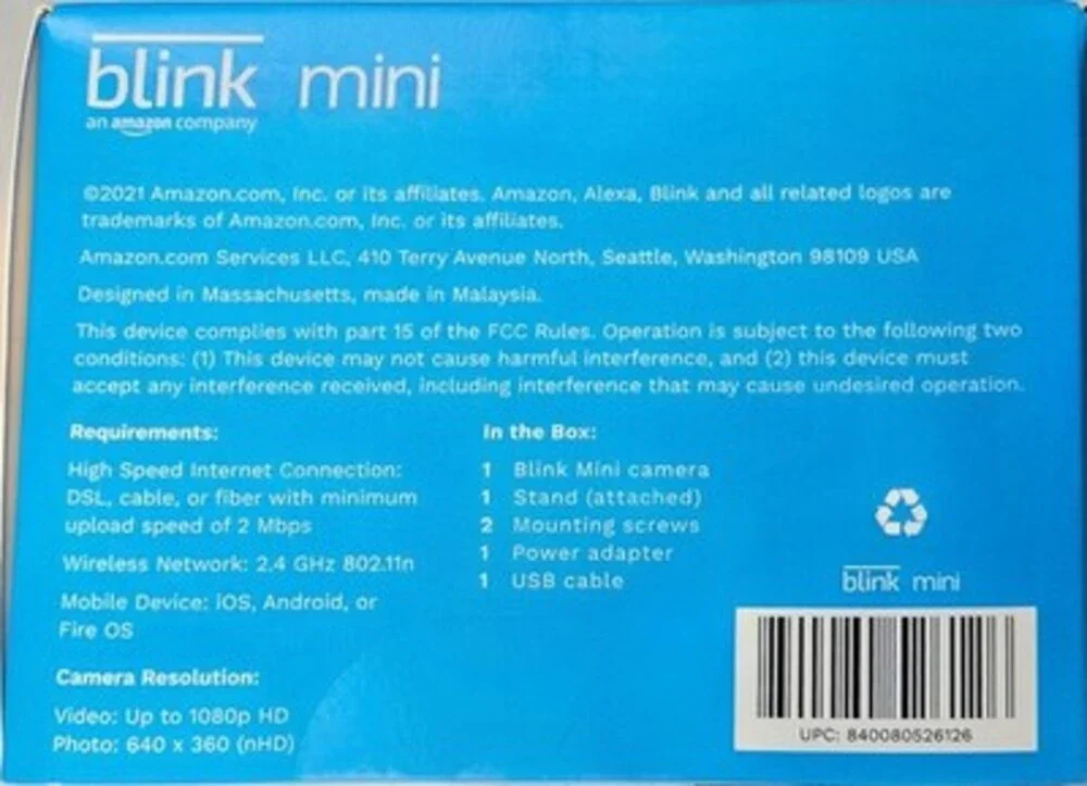 Blink Mini Indoor 1080p HD Smart Security Camera Wi-Fi Alexa BCM00300U New